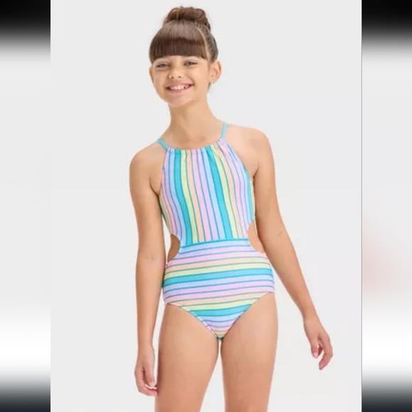 Pastel rainbow stripe one piece swim suit size medium 8, Cat & Jack - Picture 2 of 10